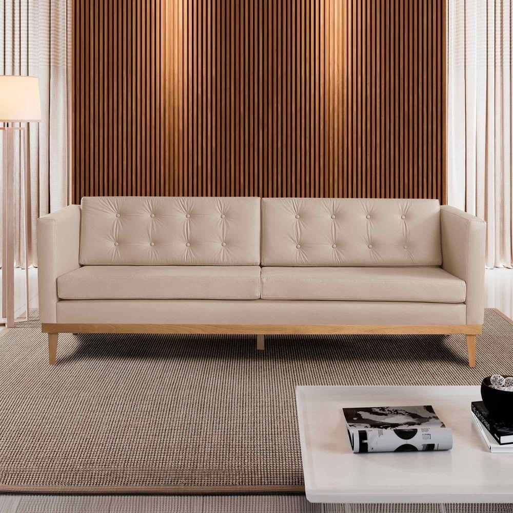 Sofá Living Hibisco 2,19m Em Corino Pés Em Madeira Cor Marfim - 3