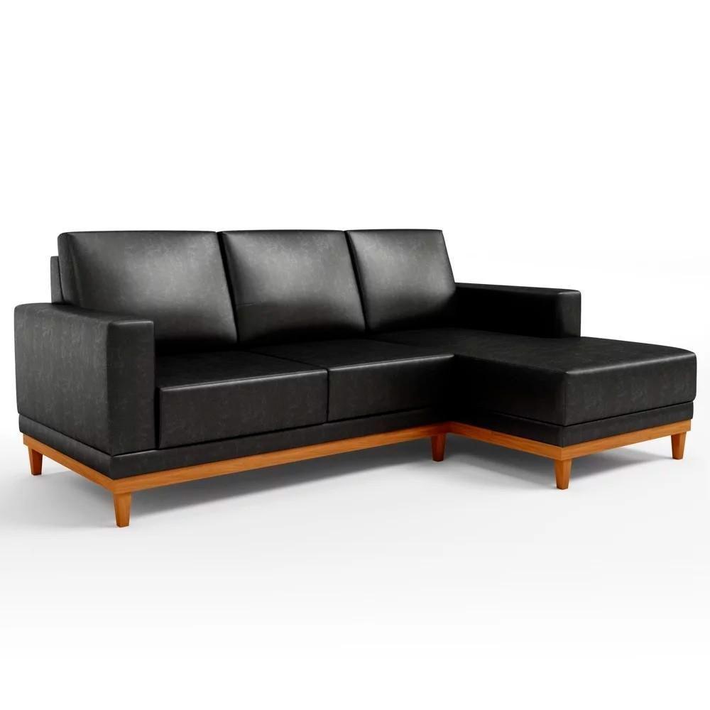 Sofá 3 Lugares 200cm Living Com Chaise Direito Sala De Estar Kayrós D05 Sintético Preto - Mpozenato - 1