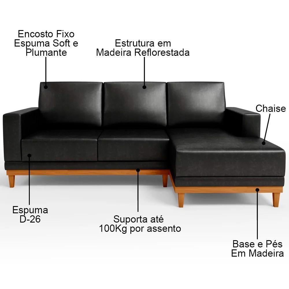 Sofá 3 Lugares 200cm Living Com Chaise Direito Sala De Estar Kayrós D05 Sintético Preto - Mpozenato - 3