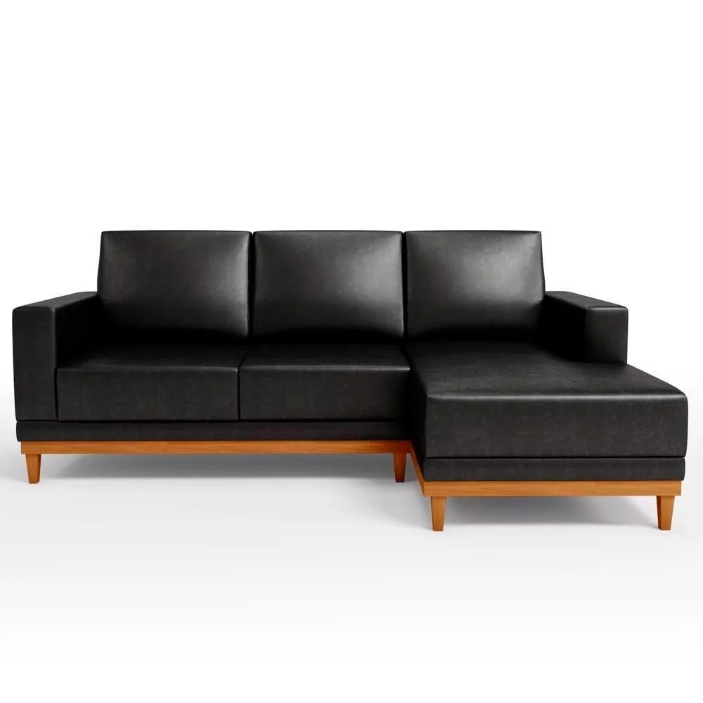 Sofá 3 Lugares 200cm Living Com Chaise Direito Sala De Estar Kayrós D05 Sintético Preto - Mpozenato - 7