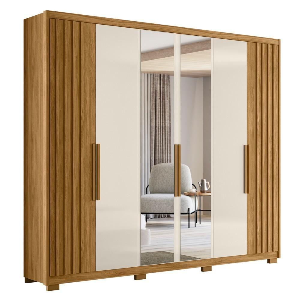Guarda Roupa Casal Com Espelho 6 Portas 260cm Gaia M07 Freijó-off White - Mpozenato - 1