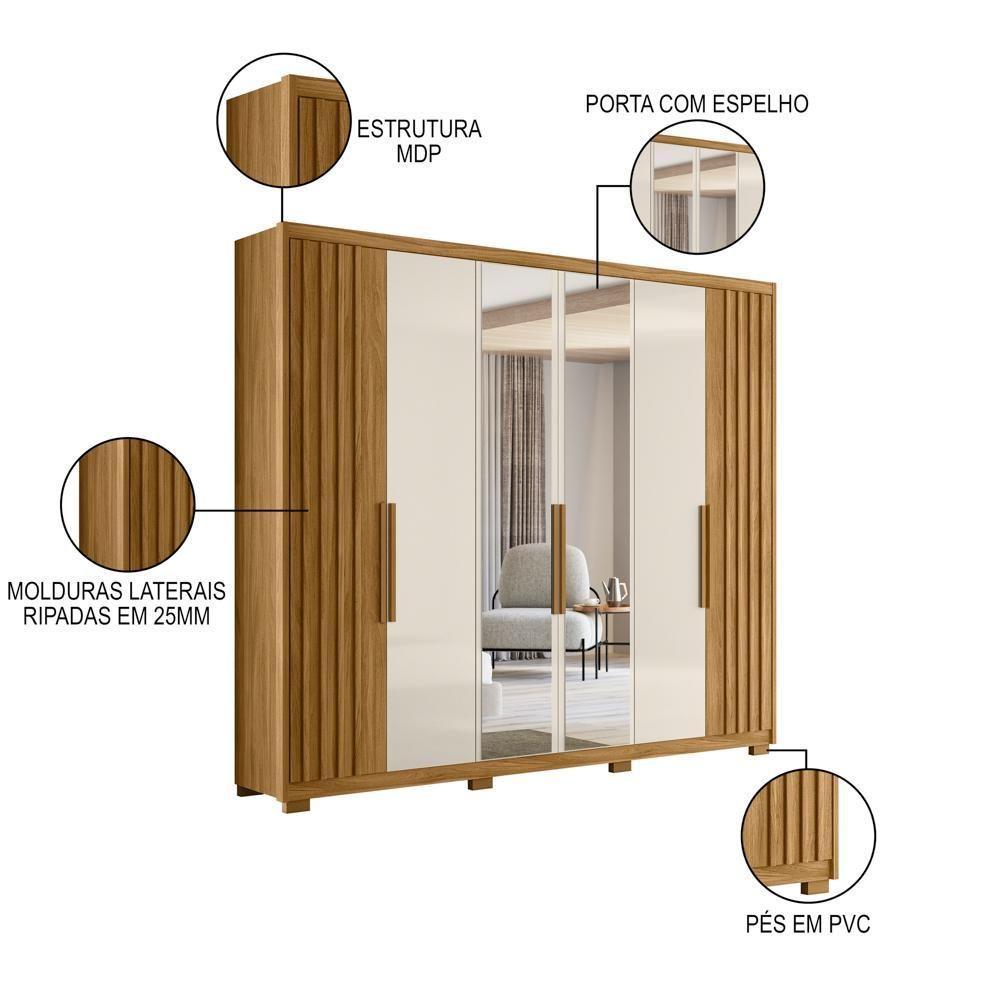 Guarda Roupa Casal Com Espelho 6 Portas 260cm Gaia M07 Freijó-off White - Mpozenato - 3