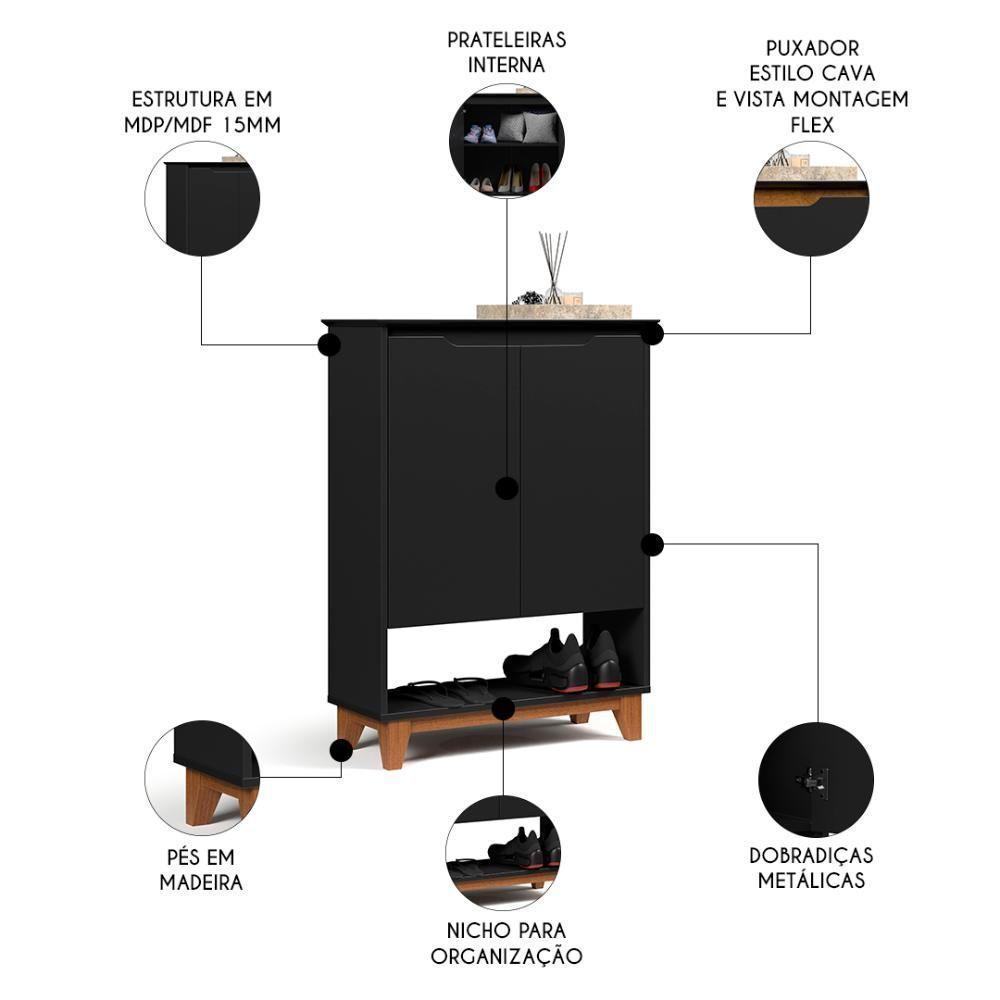 Sapateira Para Hall De Entrada Quarto 68cm Flow Preto - Ej Móveis - 3