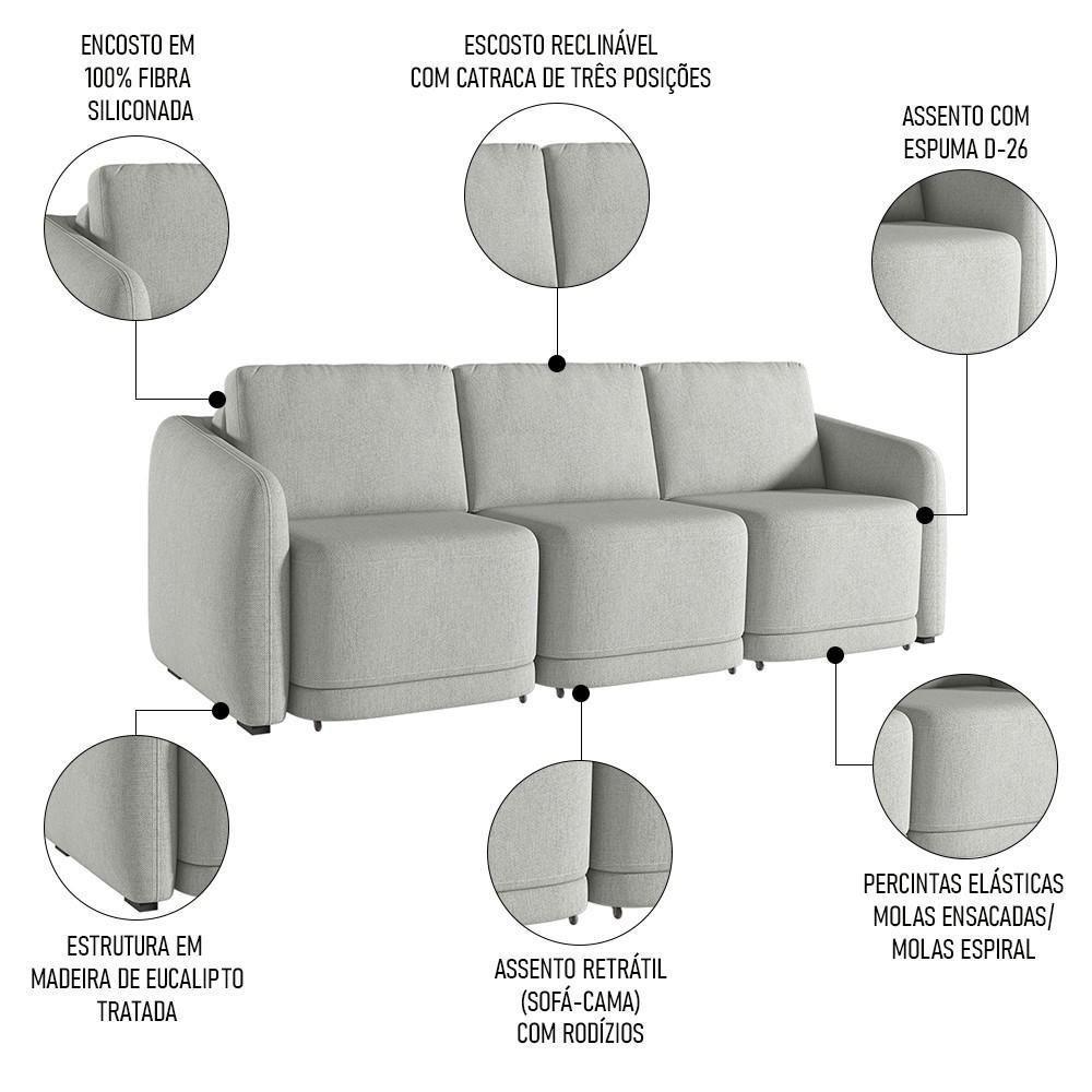Sofá Cama Casal Para Sala 276cm Polska K04 Linho Cinza - Mpozenato - 7
