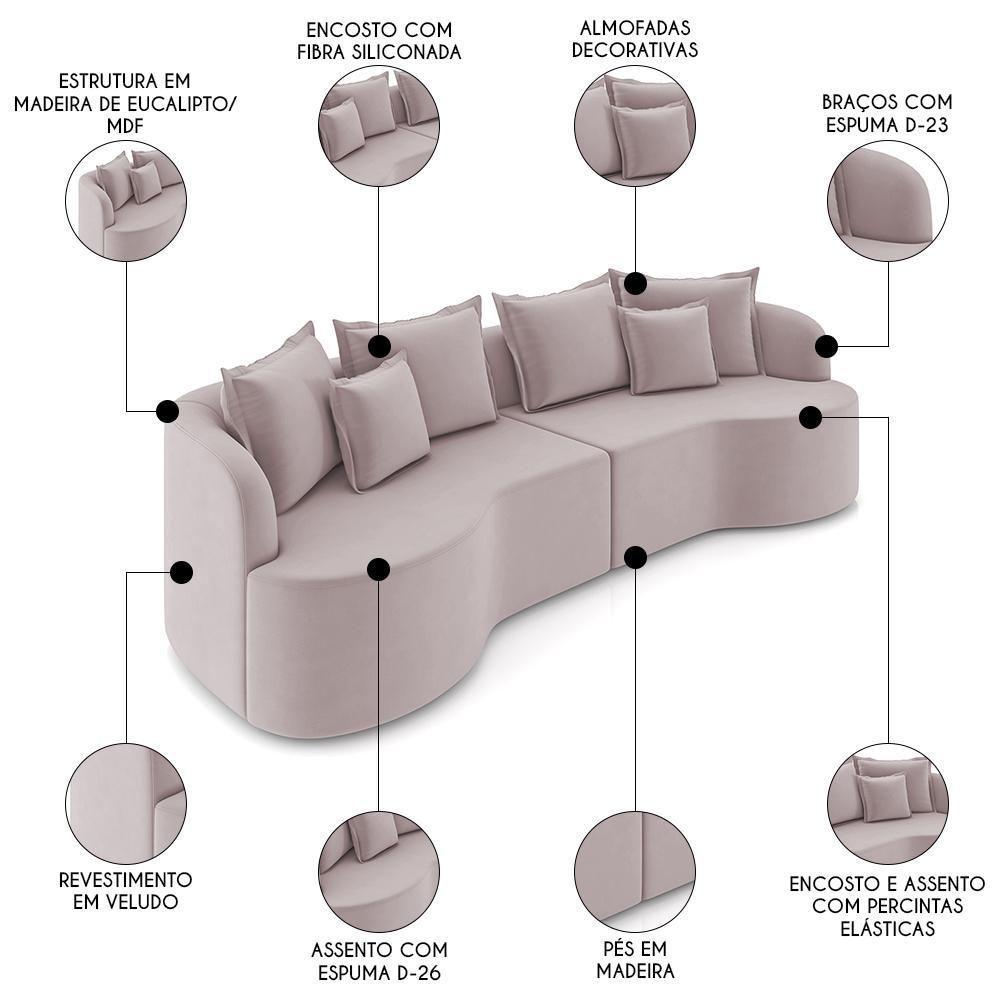 Sofá 3 Lugares 210cm Orgânico Quito K04 Veludo Rosê - Mpozenato - 3