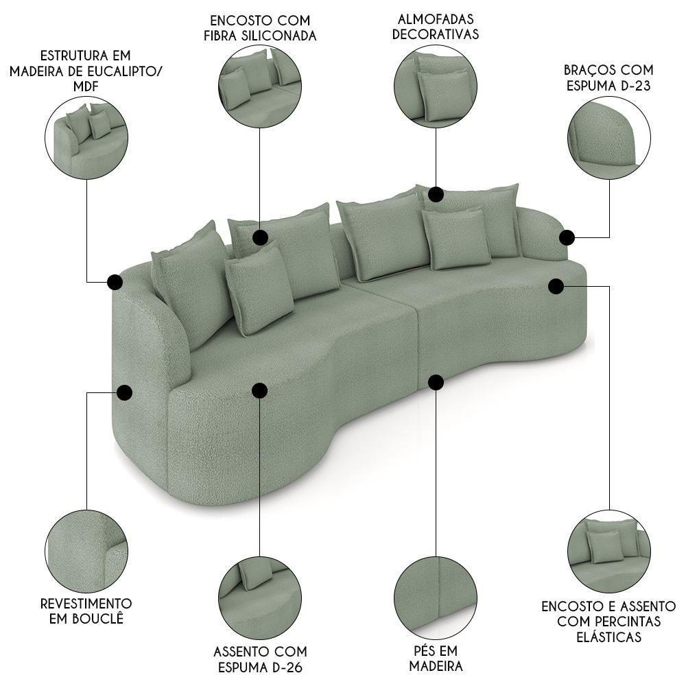 Sofá 3 Lugares 210cm Orgânico Quito K04 Bouclê Verde - Mpozenato - 2