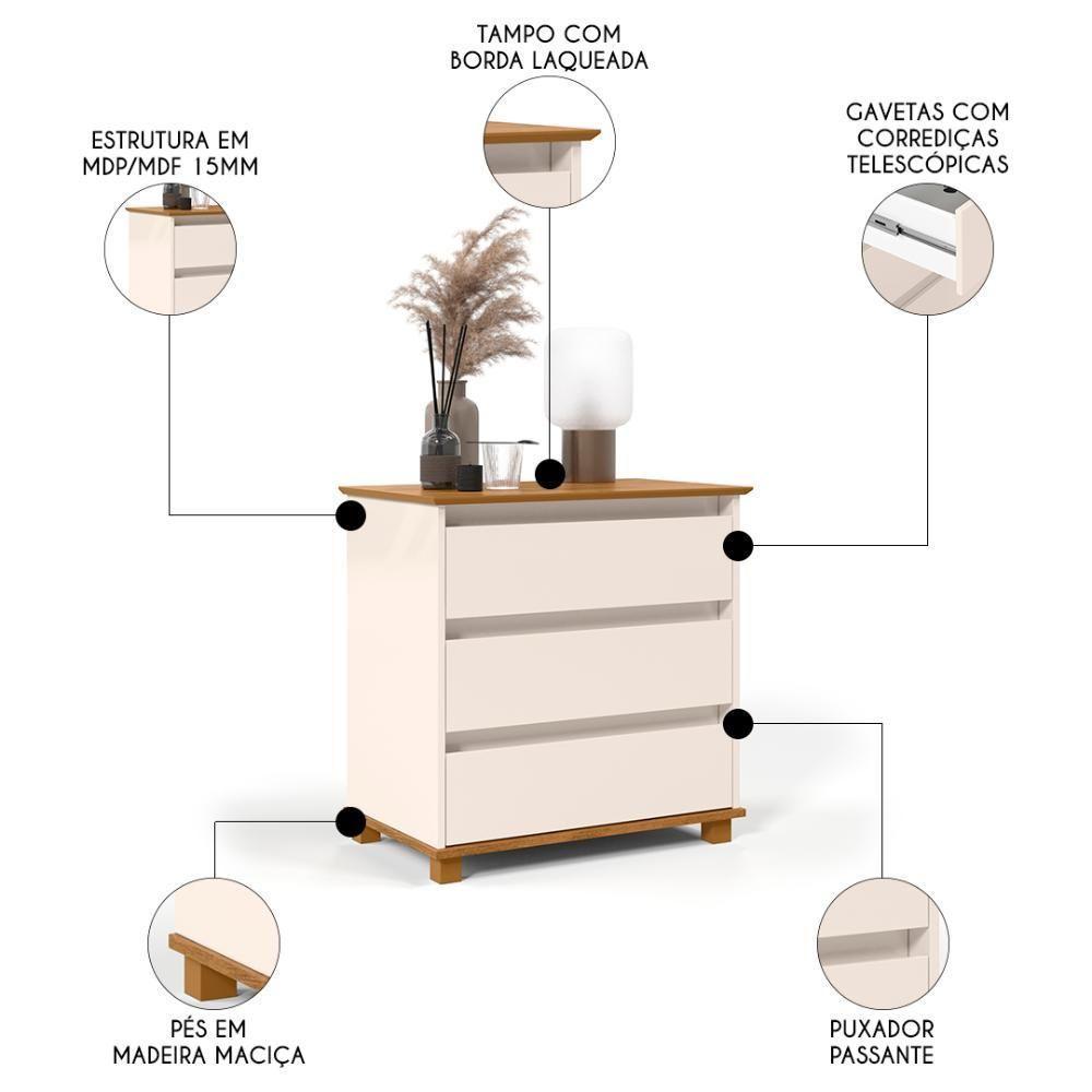 Cômoda Para Quarto 3 Gavetas 68cm Ej Off White-freijó - Ej Móveis - 3