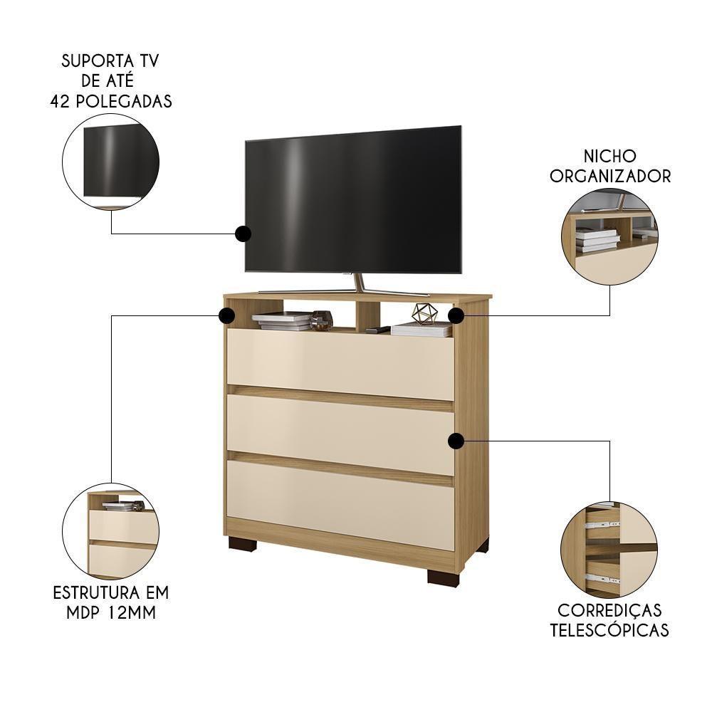 Cômoda Para Quarto 3 Gavetas 90cm Califórnia Carvalho-off White - Incorplac - 3