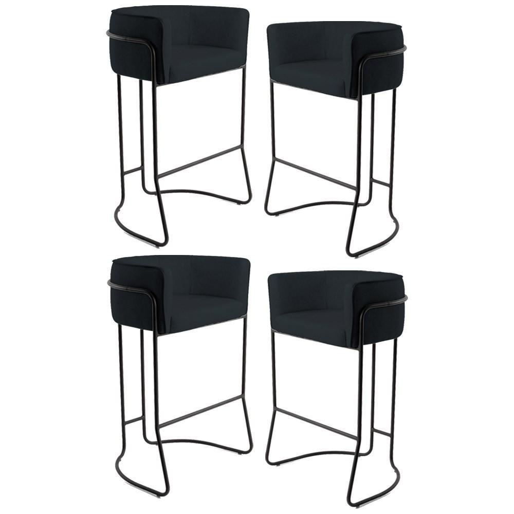 Kit 4 Banquetas Decorativas Base Aço Preto Betina C-05 Sintético Preto - Domi - 1