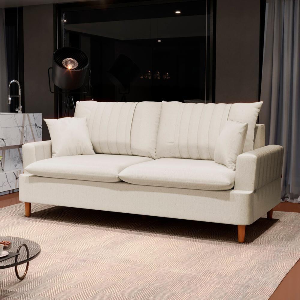 Sofá 200cm 3 Lugares Com Almofadas Pés Curvos Veras Linho D05 Cru - Mpozenato - 2