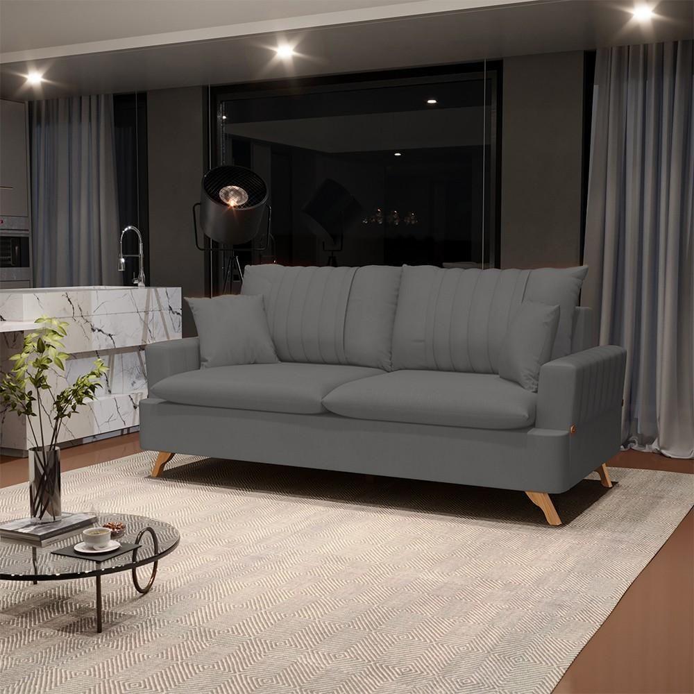 Sofá 200cm 3 Lugares Com Almofadas Pés Curvos Veras Suede D05 Cinza - Mpozenato - 2