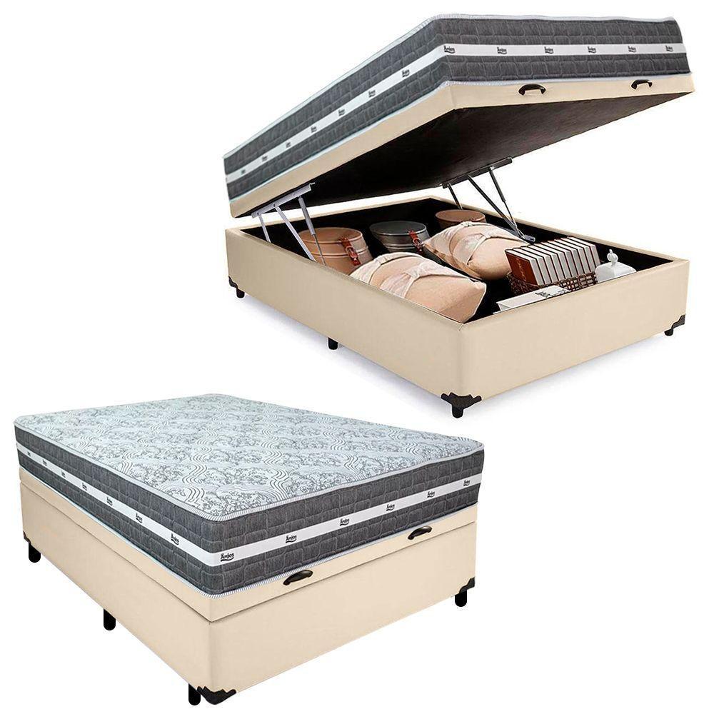 Cama Box Baú Casal Sintético + Colchão Anjos Black Graphite Molas Ensacadas 138x188x64cm Cor:bege - 1