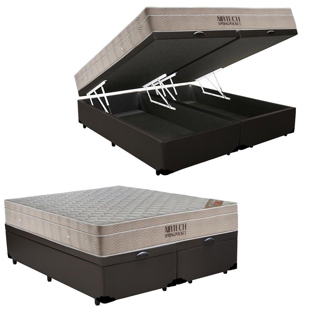 Cama Box Baú King Sintético Bipartido + Colchão Ortobom Airtech Molas Ensacadas 193x203x65 Marrom - 1