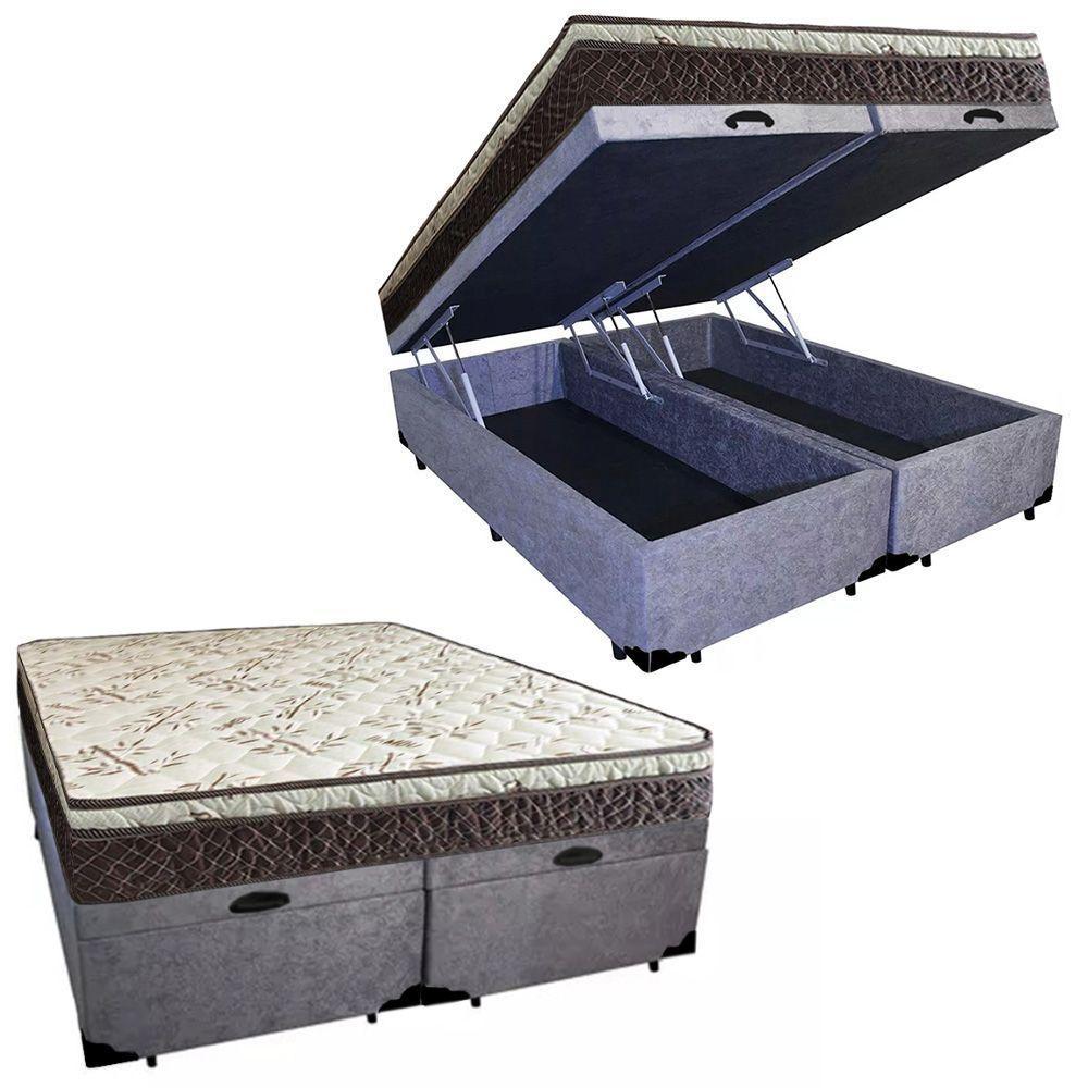 Cama Box Baú Queen Suede Bipartido + Colchão Elegance Ortopédico Espuma D33 Extra Firme 158x198x63 Cor:cinza - 1
