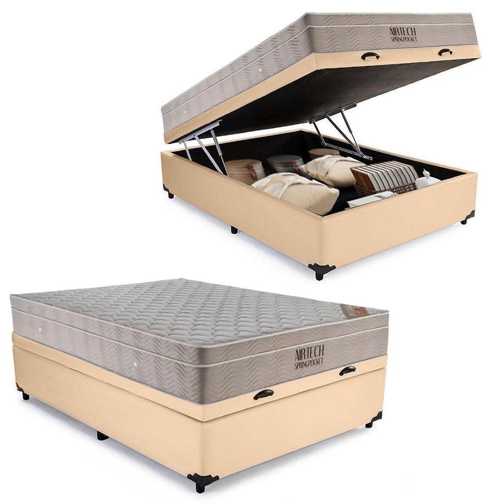 Cama Box Baú Casal Sintético + Colchão Ortobom Airtech Molas Ensacadas 138x188x65 Bege - 1
