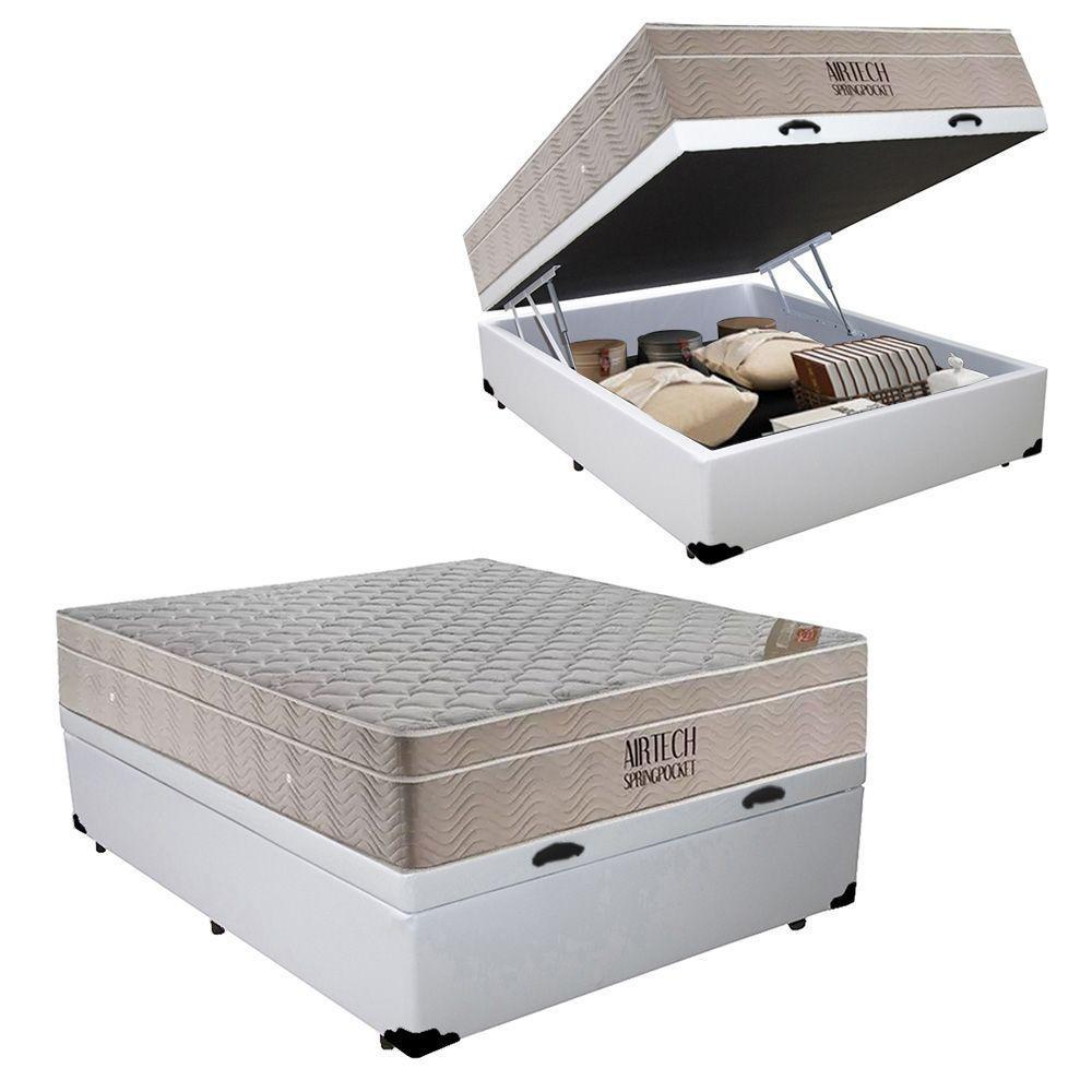 Cama Box Baú Casal Sintético + Colchão Ortobom Airtech Molas Ensacadas 138x188x65 Branco - 1