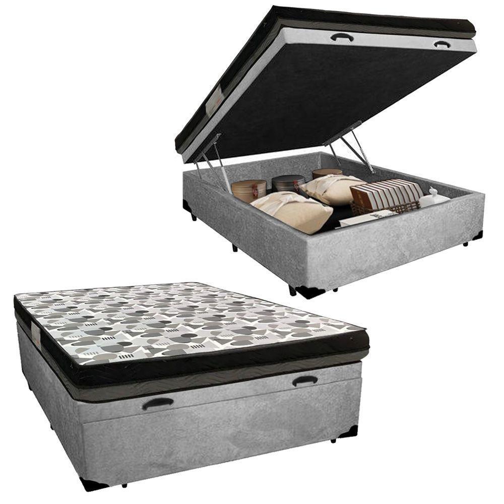 Cama Box Baú Casal Suede + Colchão Ortobom Iso Dupla Face 138x188x60 Cor:cinza - 1