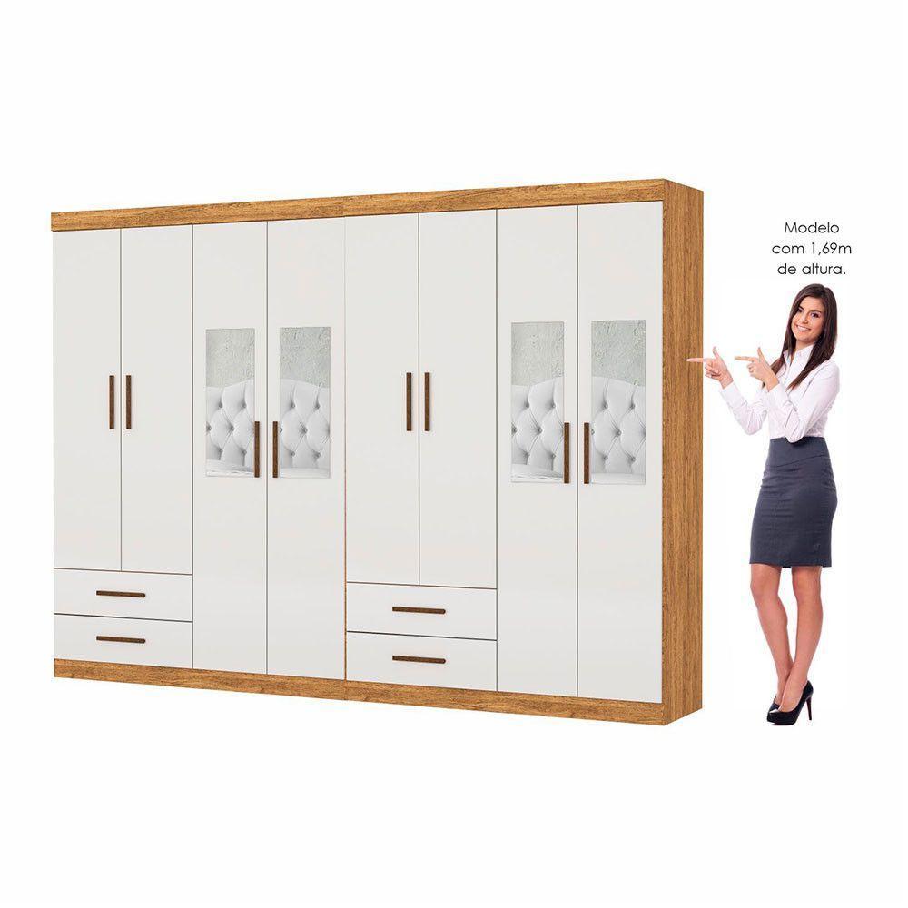 Closet Casal Duplo Lu 8 Portas 4 Gavetas Com Espelho Cinamomo Com Off White - 4