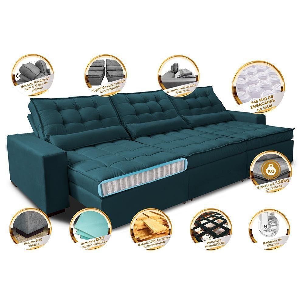 Sofá Retrátil E Reclinável Com Molas Ensacadas Cama Inbox Gold 4,12m Tecido Suede Velusoft Petróleo - 5