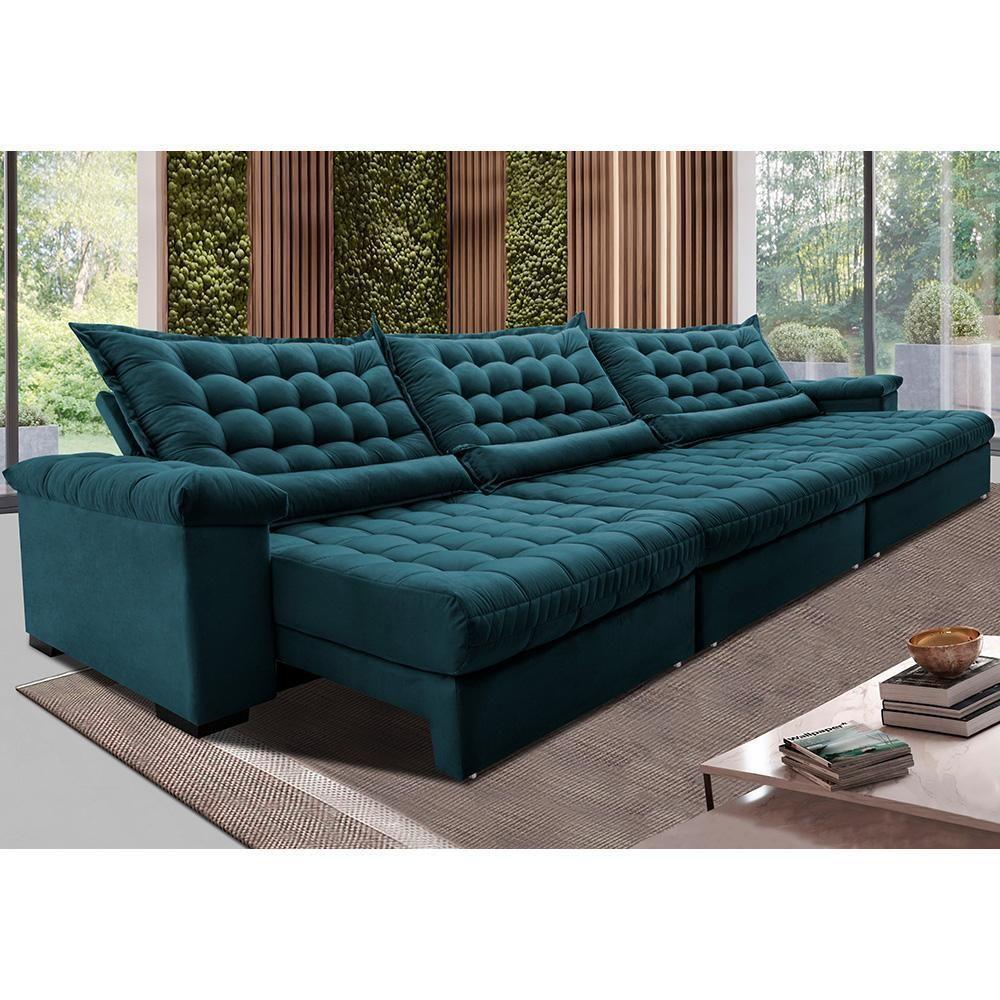 Sofá Retrátil E Reclinável 4,15m Molas Ensacadas Cama Inbox Big Space Com Bordado 3d Velusoft Petróleo - 1