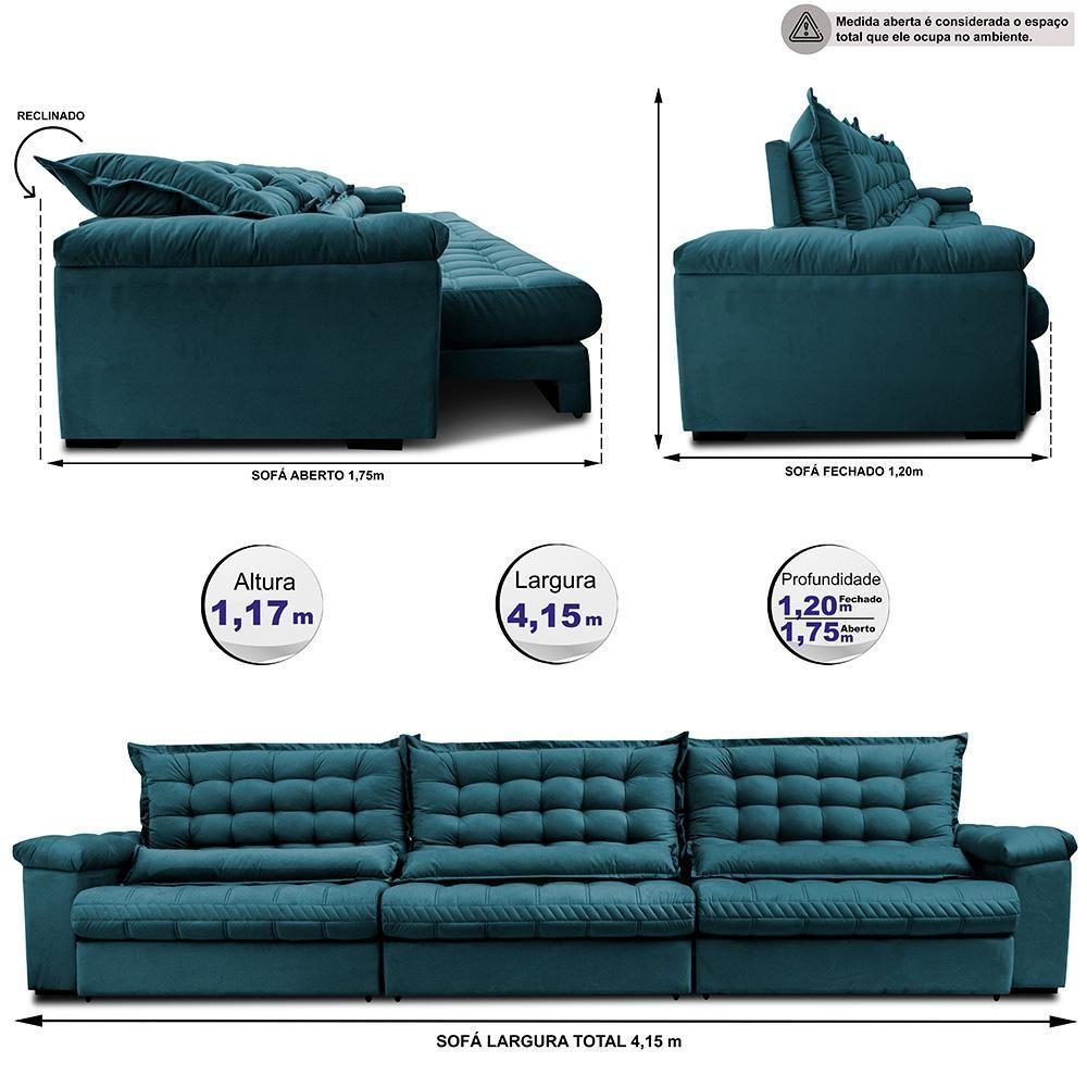 Sofá Retrátil E Reclinável 4,15m Molas Ensacadas Cama Inbox Big Space Com Bordado 3d Velusoft Petróleo - 2