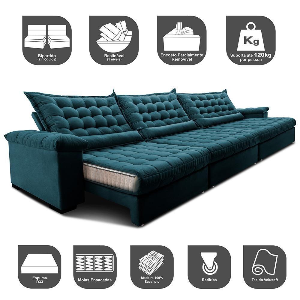 Sofá Retrátil E Reclinável 4,15m Molas Ensacadas Cama Inbox Big Space Com Bordado 3d Velusoft Petróleo - 3