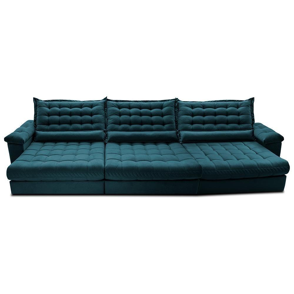 Sofá Retrátil E Reclinável 4,15m Molas Ensacadas Cama Inbox Big Space Com Bordado 3d Velusoft Petróleo - 5