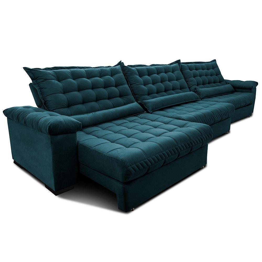 Sofá Retrátil E Reclinável 4,15m Molas Ensacadas Cama Inbox Big Space Com Bordado 3d Velusoft Petróleo - 7