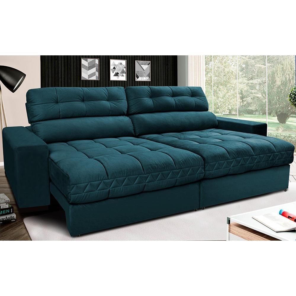 Sofá Retrátil E Reclinável Com Molas Ensacadas Cama Inbox Master 2,52m Tecido Velusoft Petróleo - 1