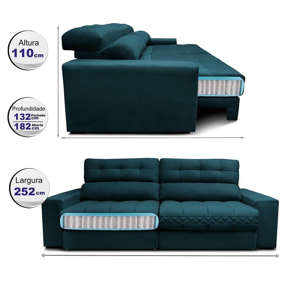 Sofá Retrátil E Reclinável Com Molas Ensacadas Cama Inbox Master 2,52m Tecido Velusoft Petróleo - 2