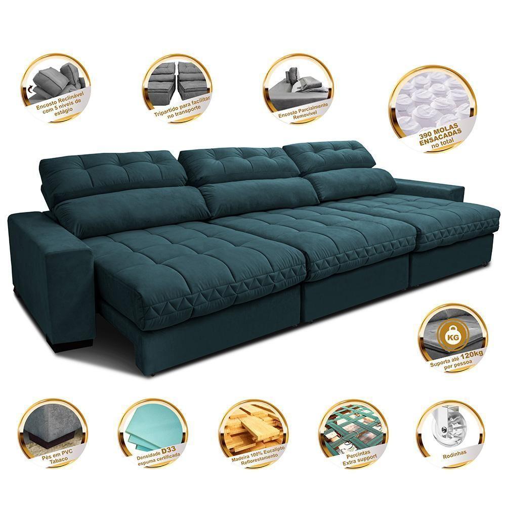Sofá Retrátil E Reclinável Com Molas Ensacadas Cama Inbox Master 3,52m Tecido Velusoft Petróleo - 3