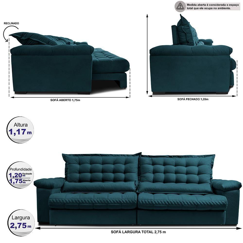 Sofá Retrátil E Reclinável 2,75m Molas Ensacadas Cama Inbox Big Space Com Bordado 3d Velusoft Petróleo - 2