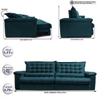 Sofá Retrátil E Reclinável 2,75m Molas Ensacadas Cama Inbox Big Space Com Bordado 3d Velusoft Petróleo - 2