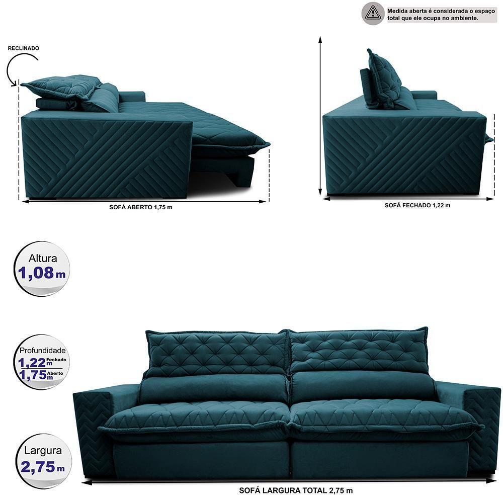 Sofá Retrátil E Reclinável 2,75m Molas Ensacadas Cama Inbox Spazus Com Bordado 3d Velusoft Petróleo - 2