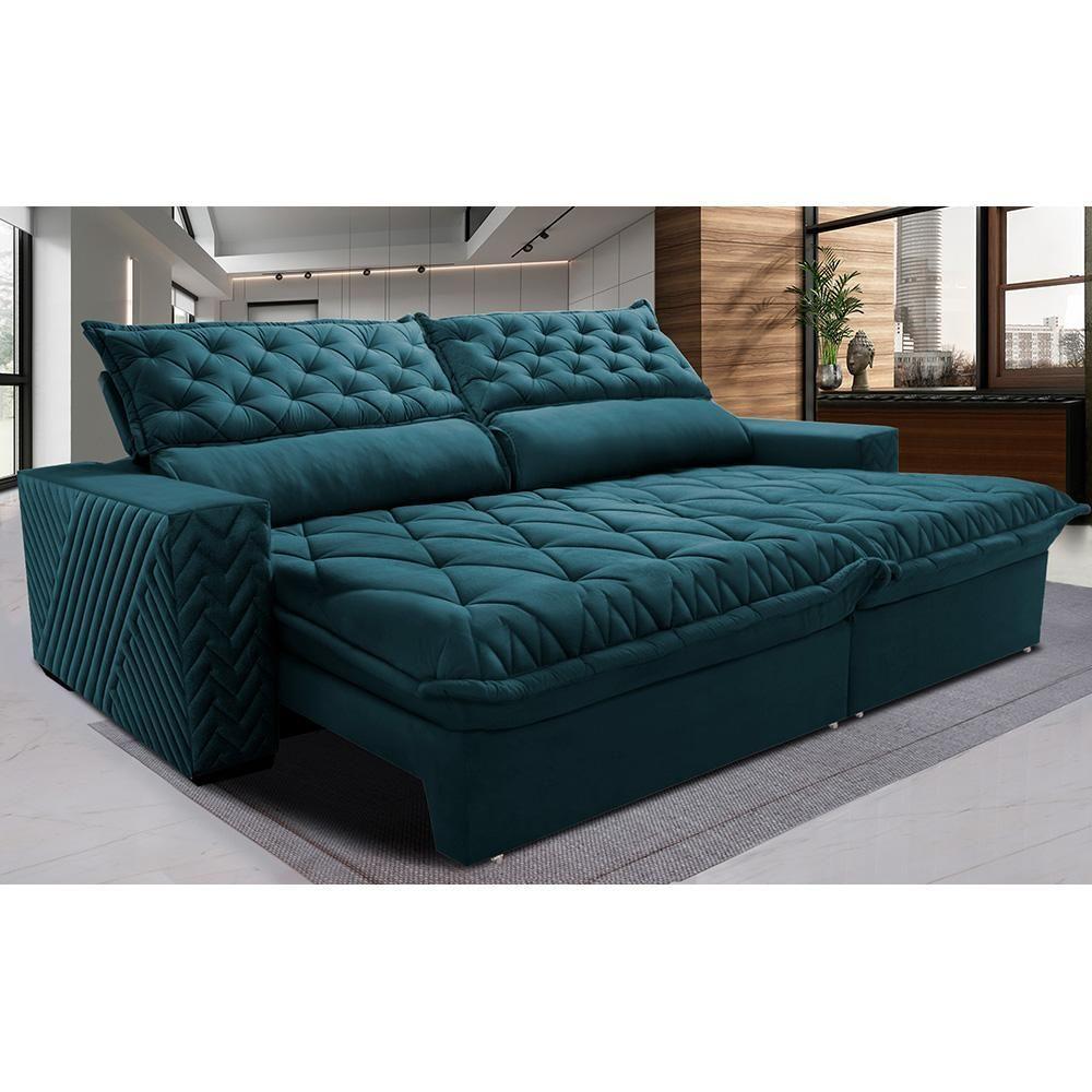 Sofá Retrátil E Reclinável 2,15m Molas Ensacadas Cama Inbox Spazus Com Bordado 3d Velusoft Petróleo - 1