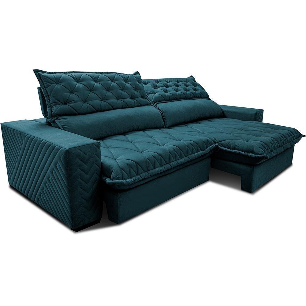 Sofá Retrátil E Reclinável 2,55m Molas Ensacadas Cama Inbox Spazus Com Bordado 3d Velusoft Petróleo - 7