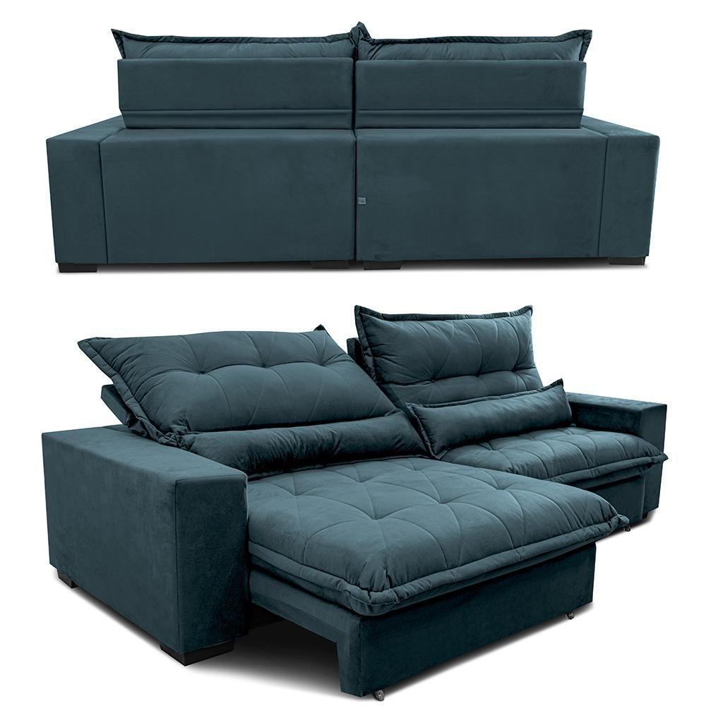 Sofa Retrátil E Reclinável 2,72m Com Molas Ensacadas Cama Inbox Soft Tecido Velusoft Petróleo - 2