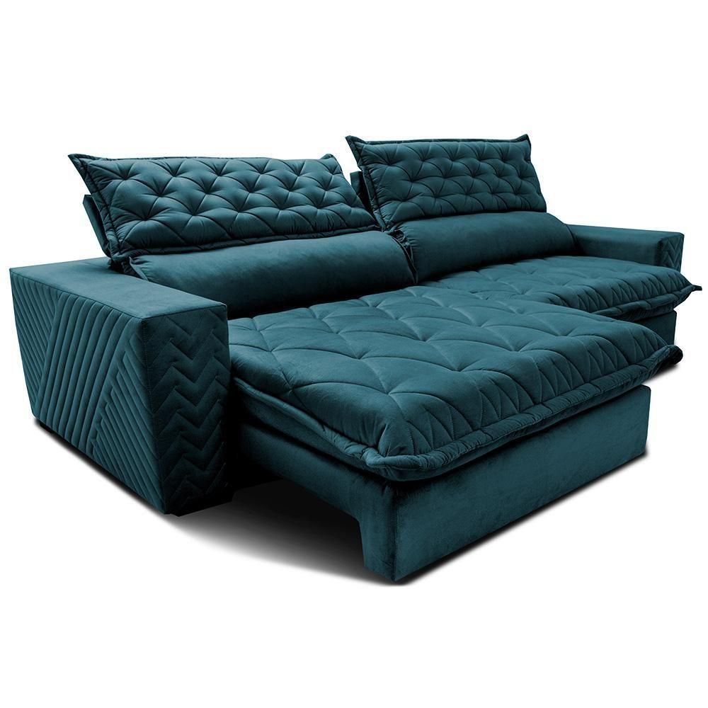 Sofá Retrátil E Reclinável 2,35m Molas Ensacadas Cama Inbox Spazus Com Bordado 3d Velusoft Petróleo - 8