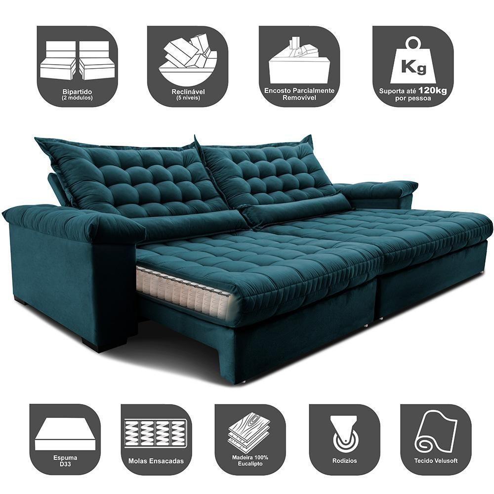 Sofá Retrátil E Reclinável 2,35m Molas Ensacadas Cama Inbox Big Space Com Bordado 3d Velusoft Petróleo - 3