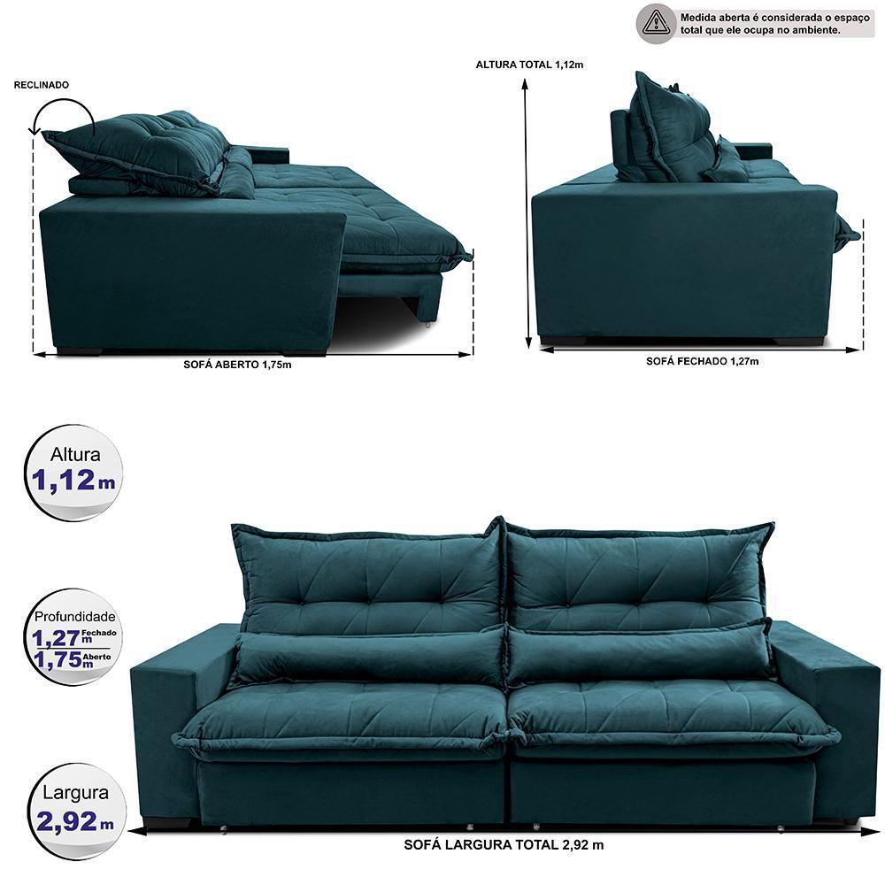 Sofa Retrátil E Reclinável 2,92m Com Molas Ensacadas Cama Inbox Soft Tecido Velusoft Petróleo - 3