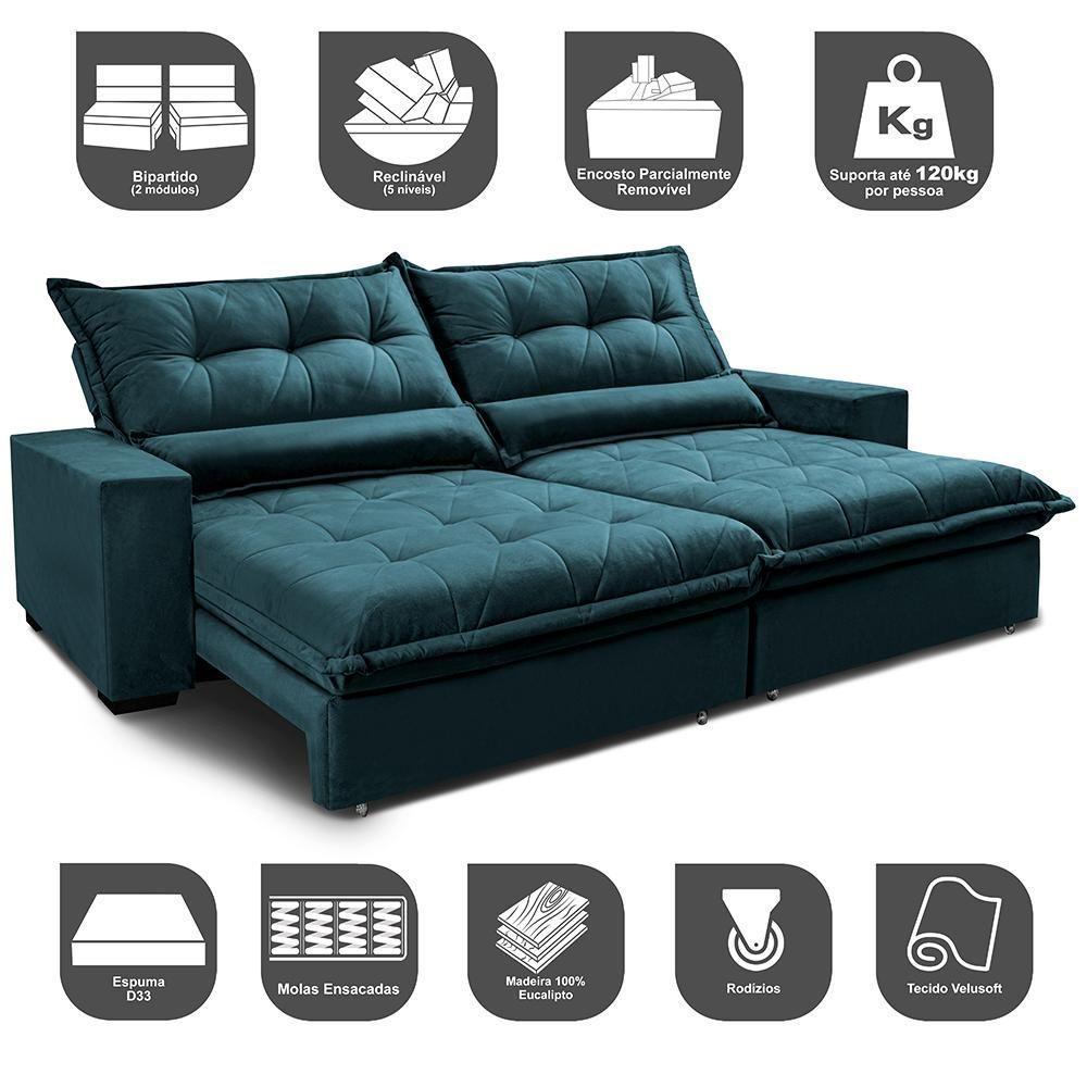 Sofa Retrátil E Reclinável 2,92m Com Molas Ensacadas Cama Inbox Soft Tecido Velusoft Petróleo - 4