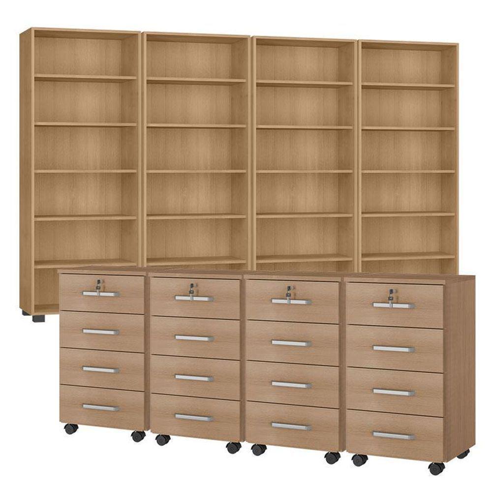 Kit 4 Gaveteiros Para Escritório Gávea Com Chave E 4 Livreiros Office Freijó Fosco - Móveis Leão - 1