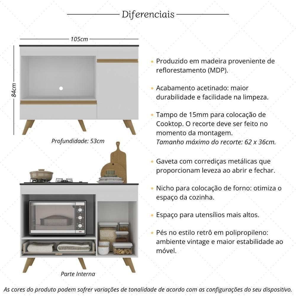 Balcão Para Cooktop E Forno 105cm 1 Porta 1 Gaveta Veneza Multimóveis Mp2258 Branco Dourado - 3