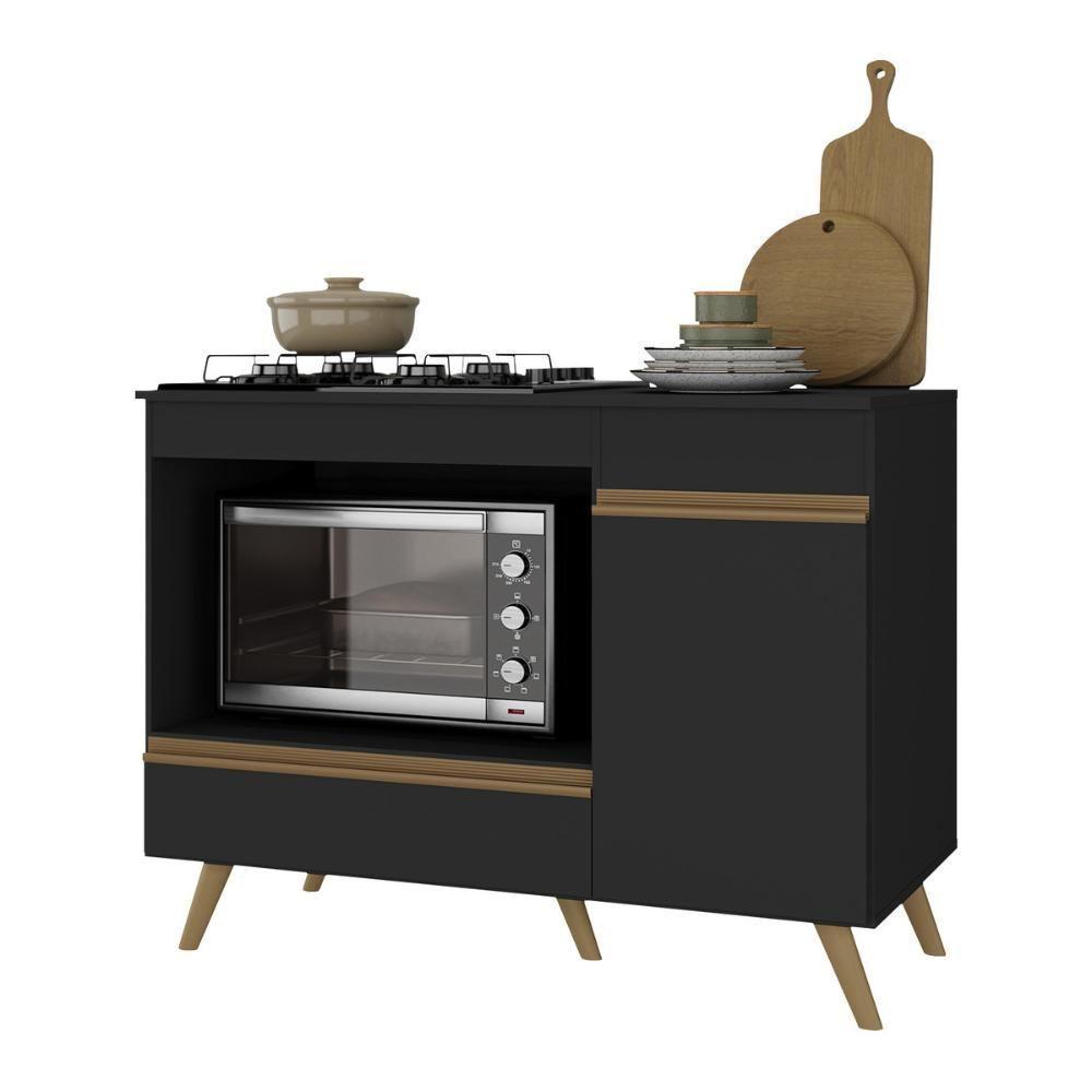 Balcão Para Cooktop E Forno 105cm 1 Porta 1 Gaveta Veneza Multimóveis Mp2258 Preto Dourado - 2