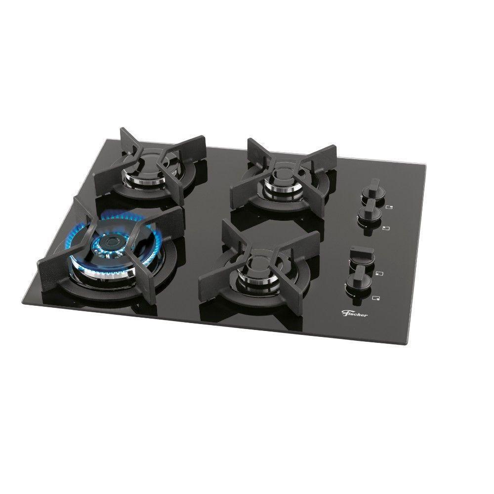 Cooktop Gás 4 Bocas Tripla Chama Mesa Vidro Infinity Fischer Preto Bivolt - 1