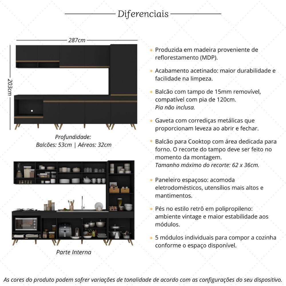 Cozinha Modulada Completa Compacta 5 Peças Com Balcão Para Cooktop Veneza Multimóveis Mp2270 Preto Dourado - 3