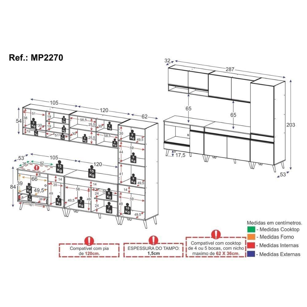 Cozinha Modulada Completa Compacta 5 Peças Com Balcão Para Cooktop Veneza Multimóveis Mp2270 Preto Dourado - 4