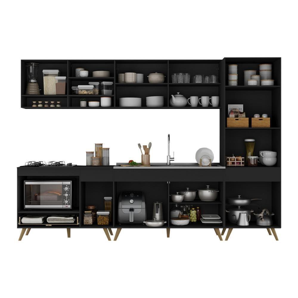 Cozinha Modulada Completa Compacta 5 Peças Com Balcão Para Cooktop Veneza Multimóveis Mp2270 Preto Dourado - 5