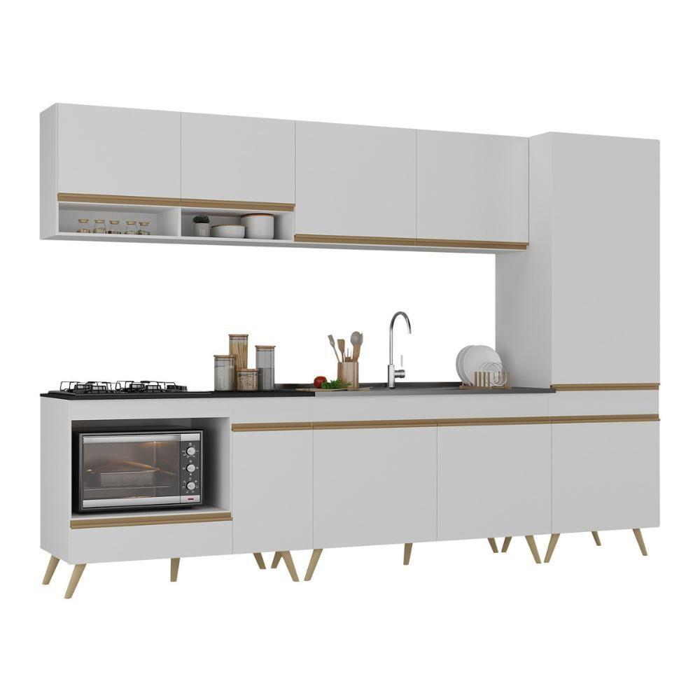 Cozinha Modulada Completa Compacta 5 Peças Com Balcão Para Cooktop Veneza Multimóveis Mp2270 Branco Dourado - 2