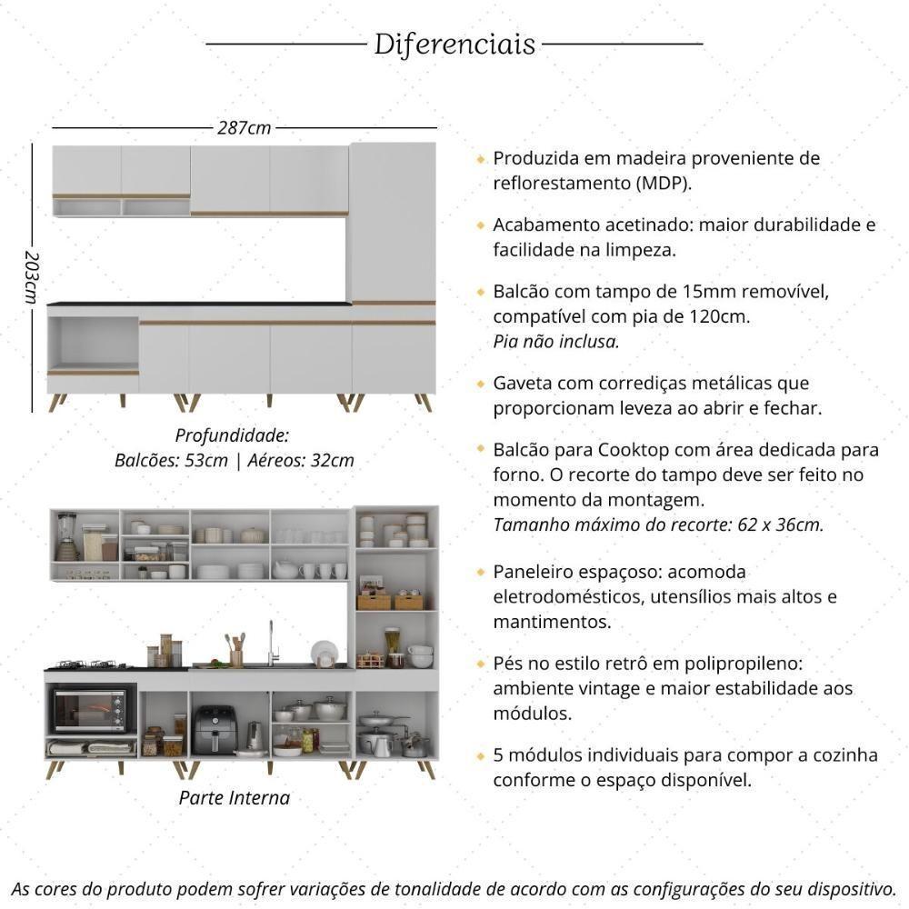 Cozinha Modulada Completa Compacta 5 Peças Com Balcão Para Cooktop Veneza Multimóveis Mp2270 Branco Dourado - 3